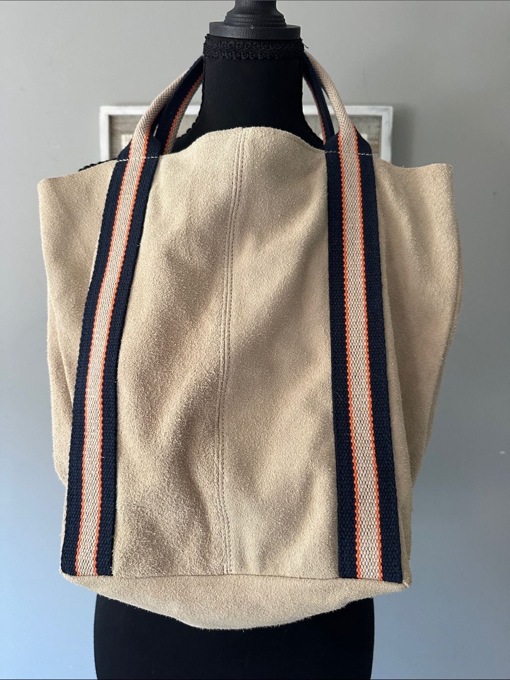 Cream Canvas Tote with Navy & Coral Striped Handles